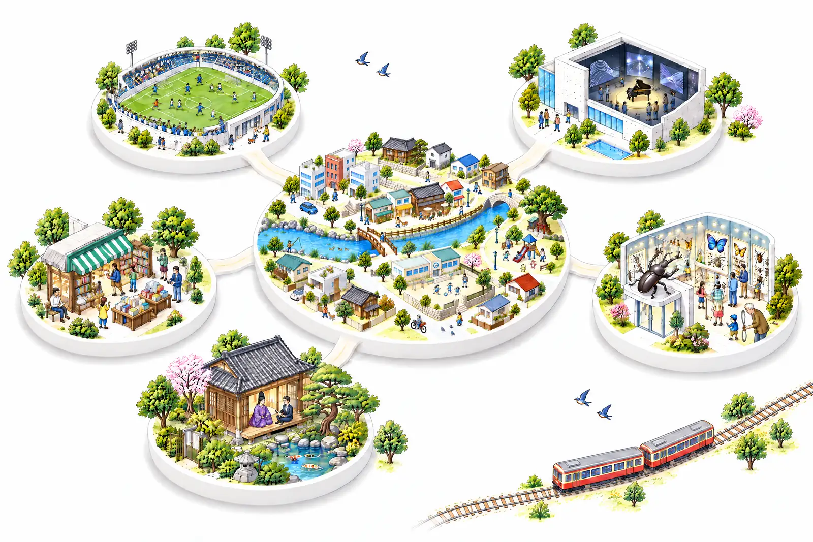 A map with a stadium, an art museum, an insect exhibition, a bookstore and a Kyoto residence around the town in the middle