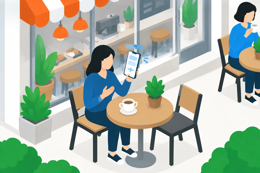 カフェの窓際の席で、スマホに向かって話している人