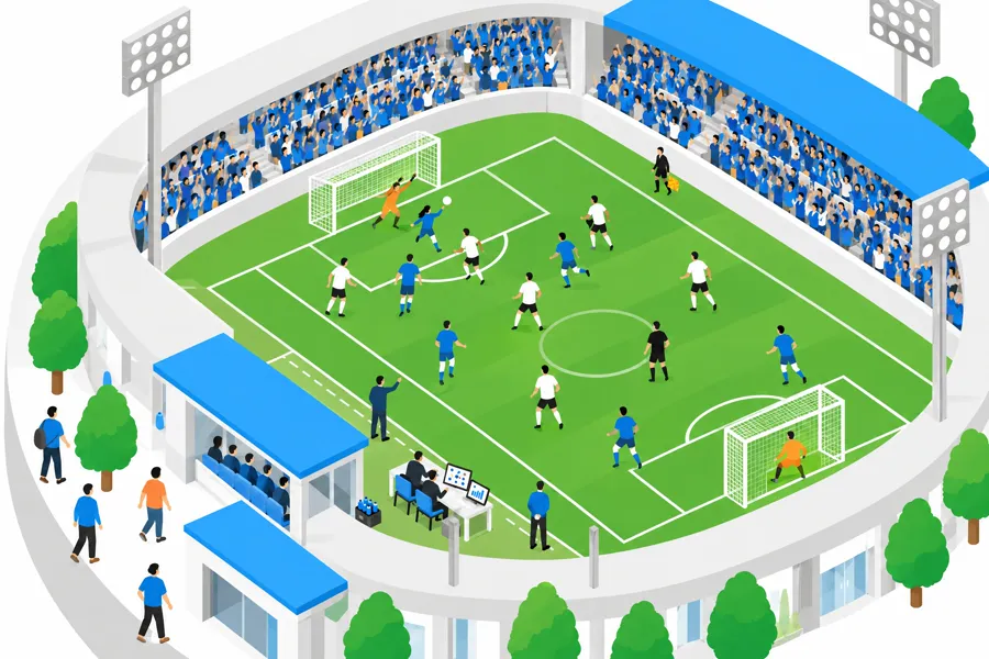 サッカースタジアムで、日本代表が試合をしている