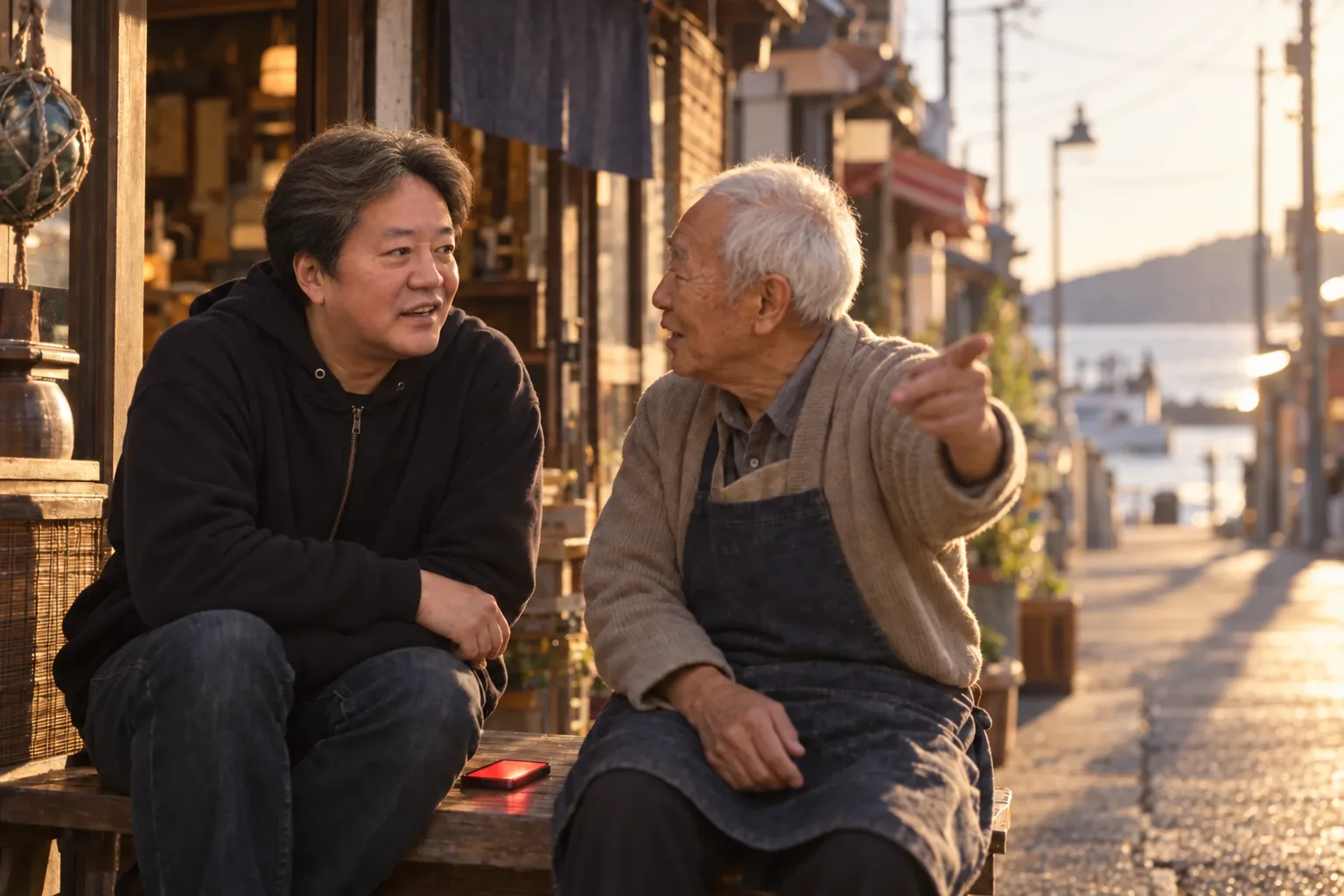 商店街のベンチで、店の前に座るおじいさんの話を聞く平野