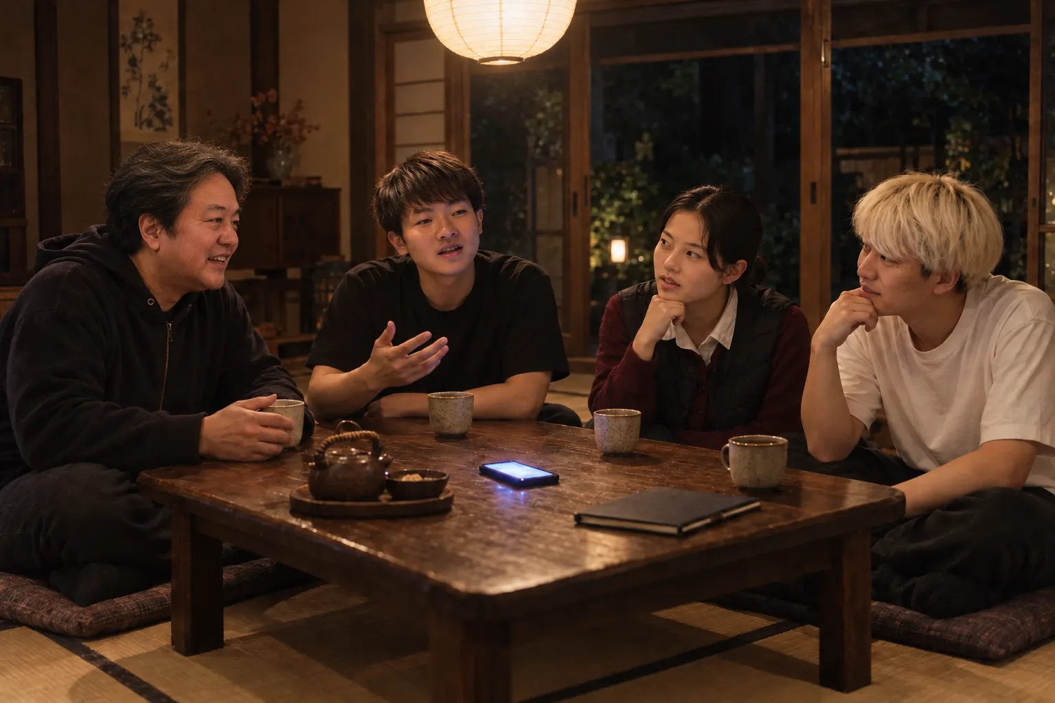 夜の合宿所の座卓を囲んで語り合う四人