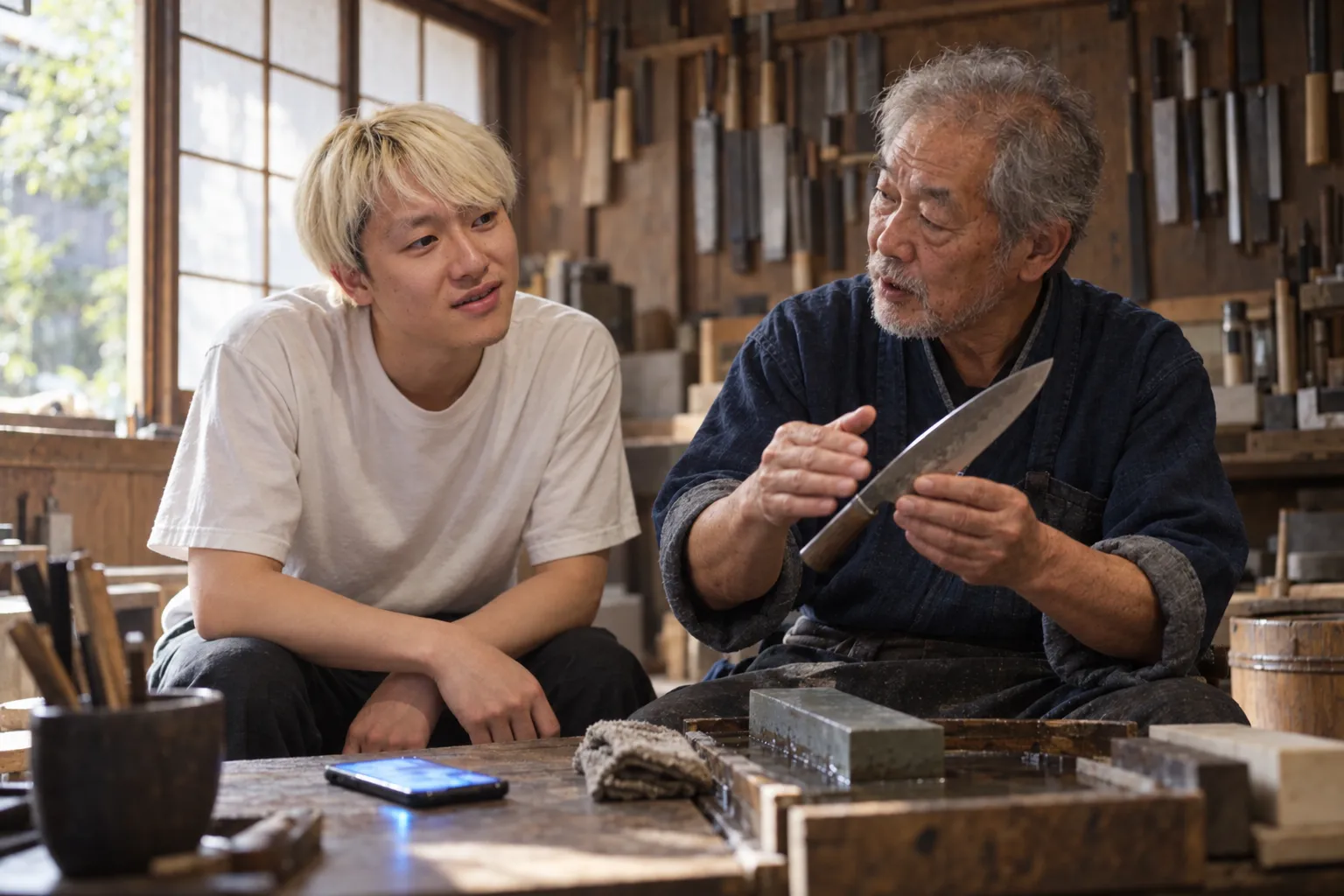 工房で、職人さんの話を聞くがく