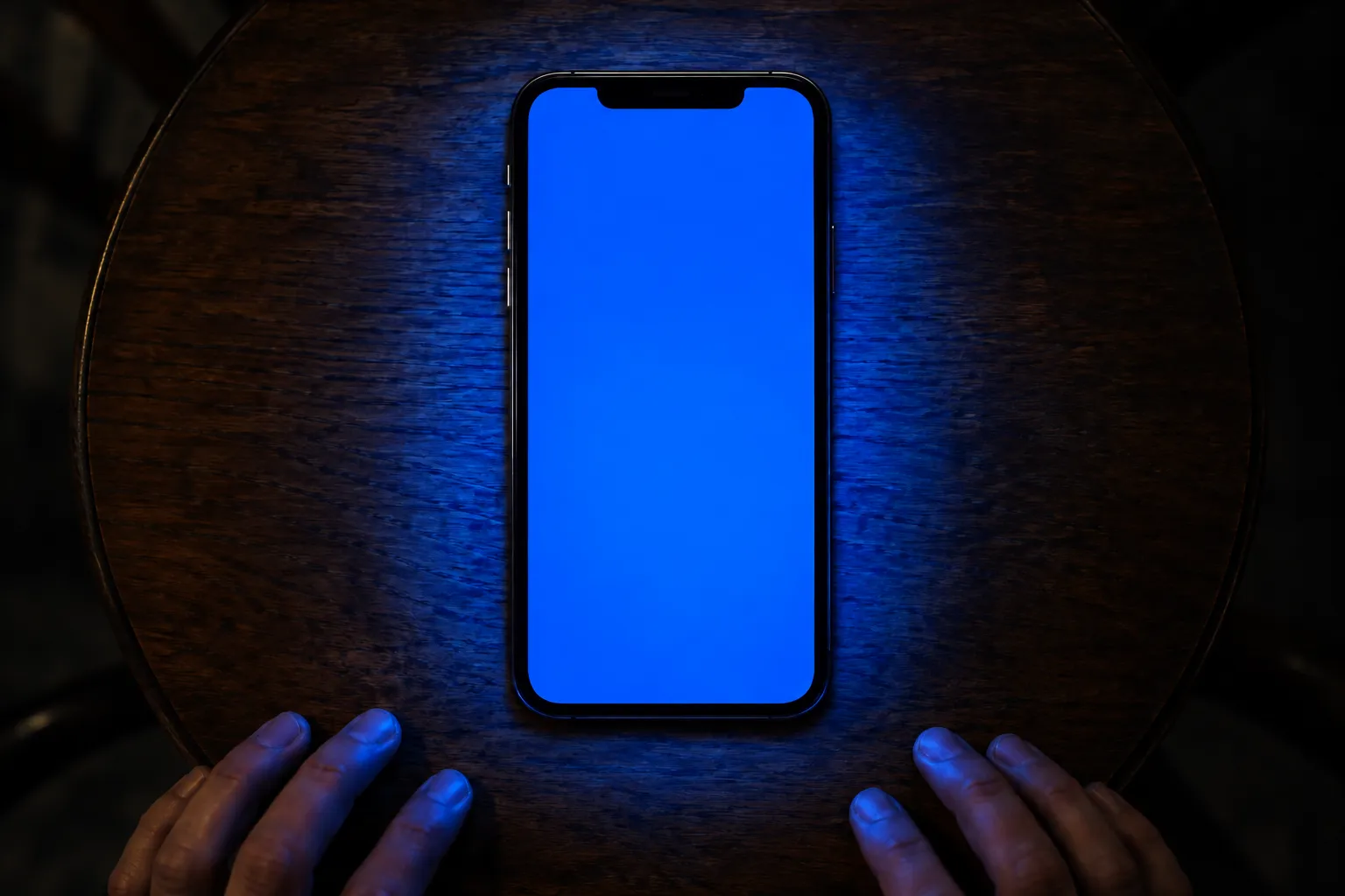 円卓の上で、青く光るスマホの画面